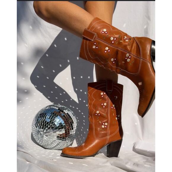 SEYCHELLES Floral Print Leather Cowgirl Heeled Boot SZ 10 - Picture 1 of 12